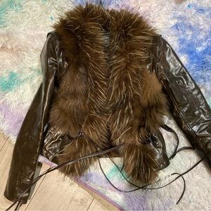 Floirds Market-Dark Brown Leather Jacket with Fur Trim /Size S